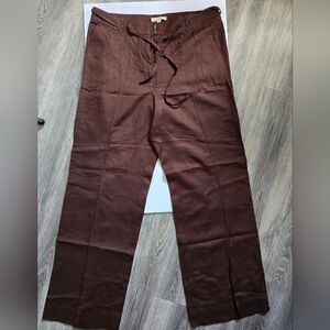 Women's Loft Linen Pants Chocolate Brown Long Wide Legs Size 12